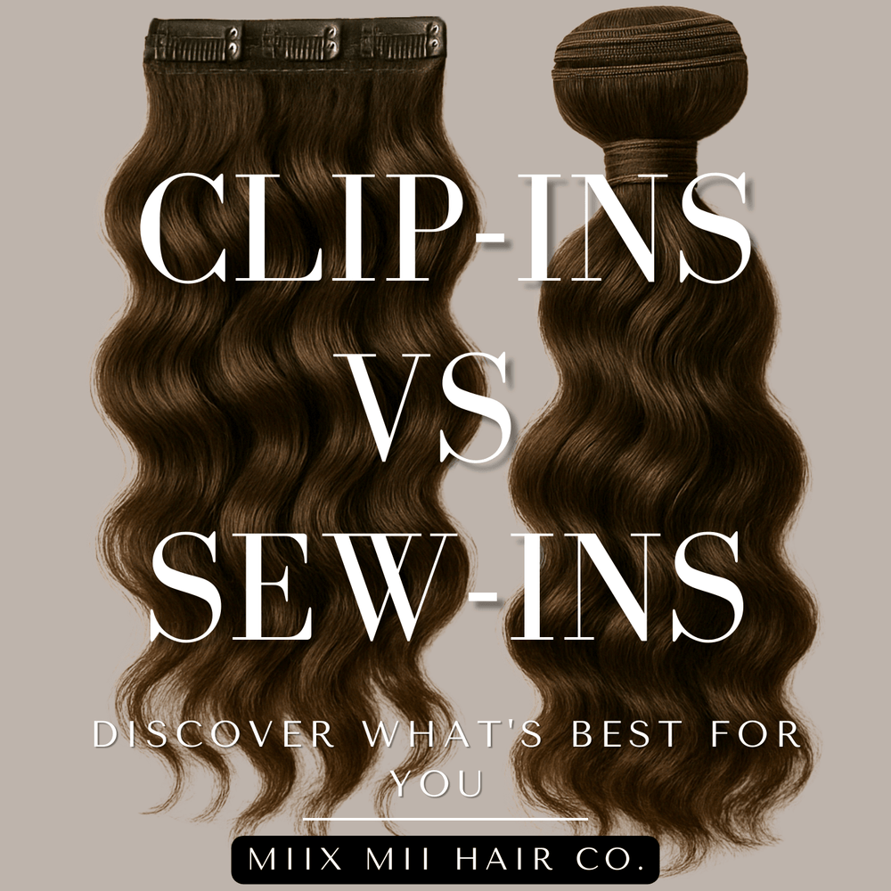 A SEFT OF CLIP-IN EXTENSIONS NEXT TO A BUNDLE OF WEFTED EXTENSTION. USED IN A COMPARISON TO DETERMINE WHAT IS BEST 